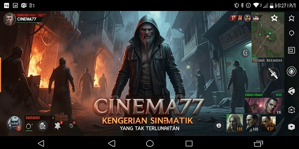 Tangkapan layar utama CINEMA77 menampilkan suasana mencekam dan gameplay yang menegangkan.