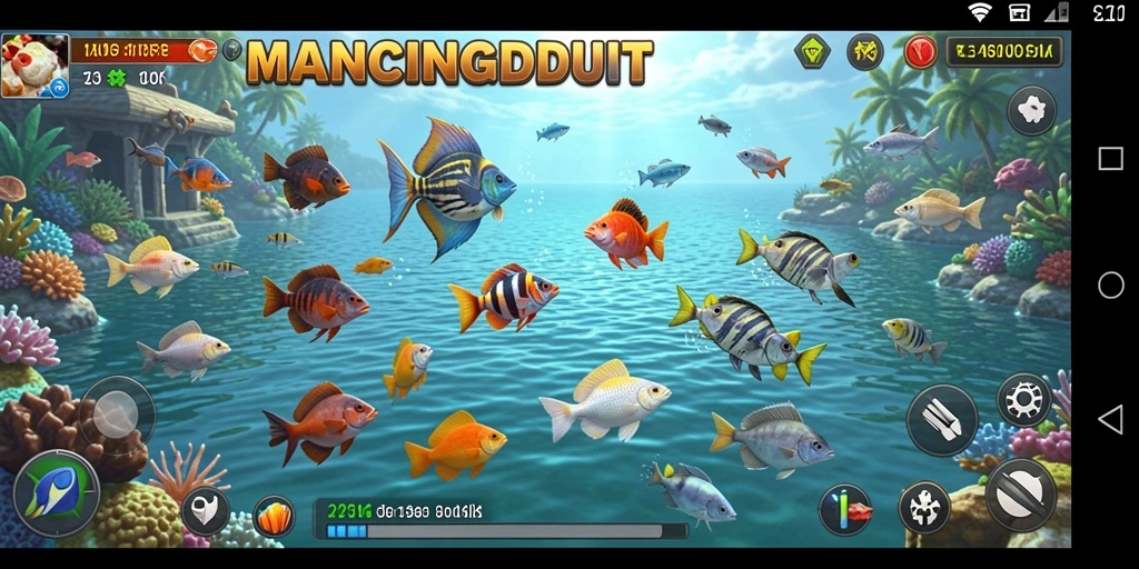Screenshot gameplay MANCINGDUIT menampilkan aksi seru menembak ikan.