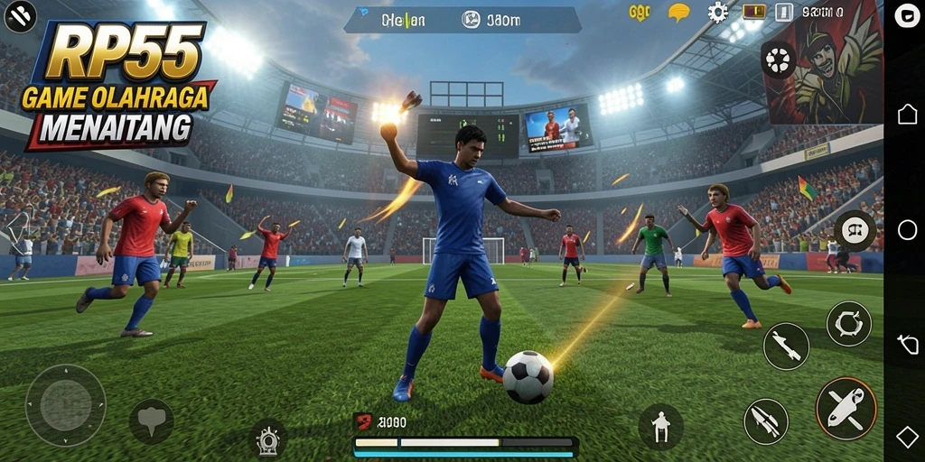 Screenshot utama RP55 menampilkan aksi seru dalam pertandingan olahraga.