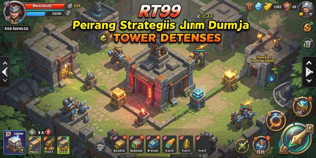 Screenshot gameplay RT99 menampilkan aksi menara bertahan yang intens.